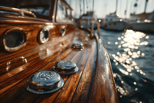 boat polished wooden deck and stainless steel fittings gleam like a tuxedo at sea.