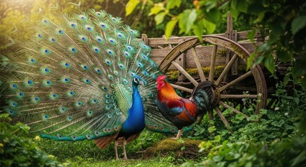 Obraz premium Peafowl and rooster in a garden setting