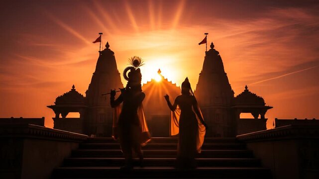 Divine embrace radha krishna silhouette at sunrise temple janmashtami govardhan puja conveying devotion spirituality and indian culture