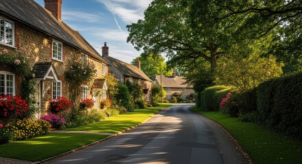 Fototapeta premium Picturesque village street lined with stone cottages, adorned with flowers and greenery. Sunlight streams down a quiet lane