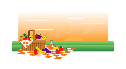 Obraz premium Cheerful Picnic Scene Vector Illustration With Fruit Basket On Blanket