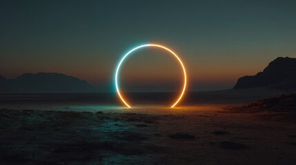 Glowing portal in desert landscape at sunset;  futuristic portal concept