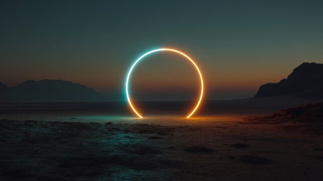 Glowing portal in desert landscape at sunset; futuristic portal concept