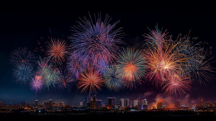 Vibrant Fireworks Display Over City Skyline Celebration New Year