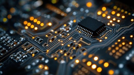 Close-up of a glowing electronic circuit board with intricate pathways and components showcasing modern technology.