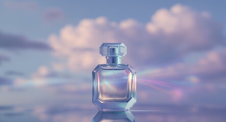 Crystalline Perfume Bottle Capturing Prismatic Light Before a Dreamy Cloudscape
