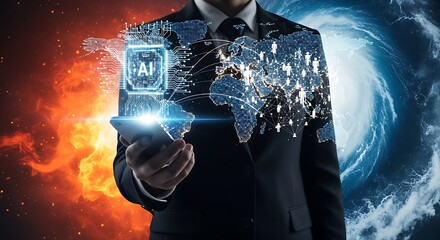 Visionary executive harnessing global AI network, bridging digital innovation with dynamic world forces.