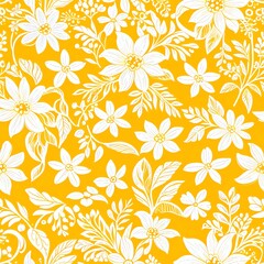 Fototapeta premium Vibrant Floral Pattern: White Blooms on Yellow Background