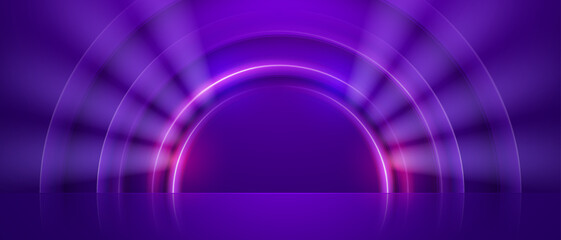 Abstract stage with glowing arches and purple neon light