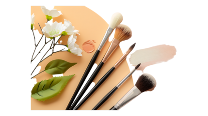Professional cosmetic brush set for face makeup application with floral decoration on neutral background on transparent background