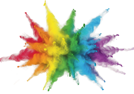 Rainbow dust powder Colorful explosion of powder paint against a white background, symbolizing creativity and vibrant expression PNG transparent background isolated graphic resource