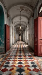 Empty, decaying hallway with red doors