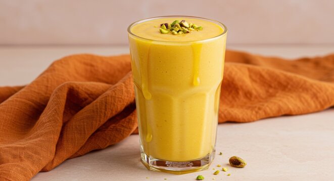 Refreshing mango lassi recipe kitchen food photography cozy environment close-up delicious dairy drink