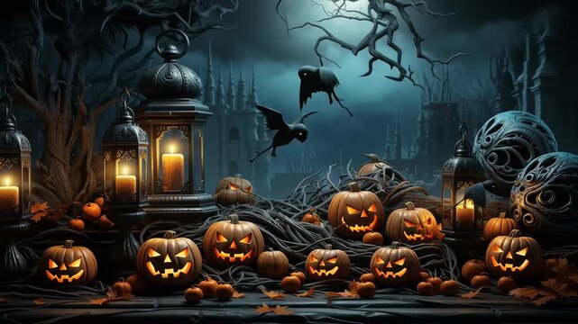 Carved pumpkins glow in the dark, surrounded by lanterns and twisted branches. Spooky graveyard setting creates Halloween ambiance