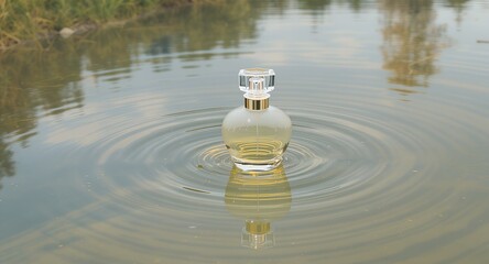 Ethereal Scent Afloat: Crystal Perfume Bottle Creating Golden Ripples on a Calm Pond.