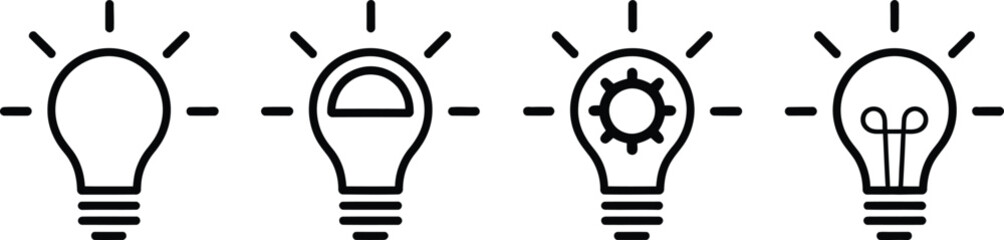 Bulb Icons Set in Linear Style with Gear and Various Components on Transparent