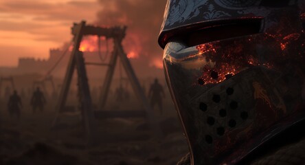 Fiery Siege Reflected in the Ornate Damask Helmet of a Medieval Knight at Dusk.