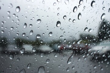 Raindrops on a car window, blurred parking lot beyond