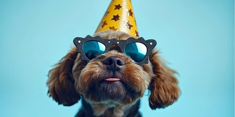 Adorable puppy in a yellow party hat and sunglasses, celebrating a joyful occasion with style.