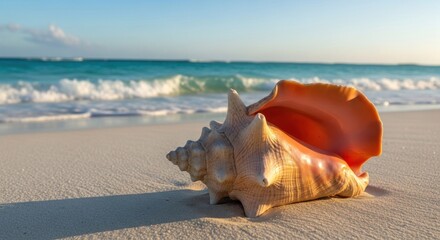 Seashell on a sun-drenched beach. Ocean waves gently lap at the shore