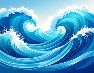 Abstract blue ocean waves crashing with white foam and splashes background. H2O expressive, artistic, pattern texture wallpaper backdrop