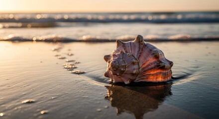 Seashell on wet sand at sunrise. Soft waves