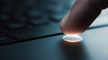 A fingertip hovers above a laptop fingerprint sensor, captured in cool rim light with macro detail and space for text on the right.
