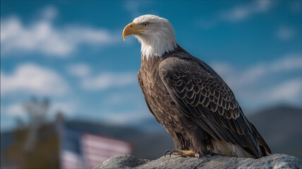 Fototapeta premium Bald Eagle Portrait on Rock with Flag in Background American Symbol