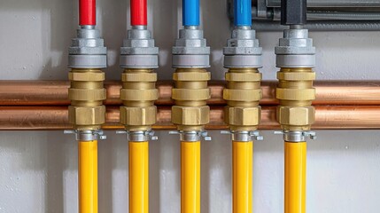 A close-up of a geothermal heat pump manifold with insulated piping, side-lit in a clean utility room