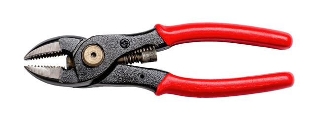 Obraz premium Red-handled, dark-grey pliers with serrated jaws