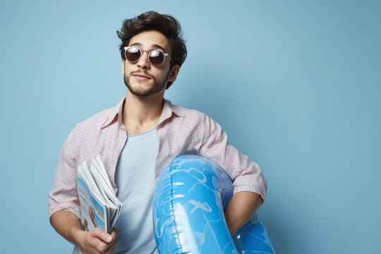 Young man with sunglasses holding a travel magazine and inflatable pool float ready for summer vacation