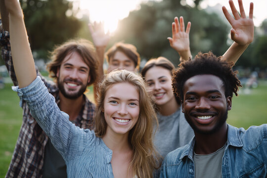 Group of diverse young adults smiling and waving happily outdoors in a sunny park setting