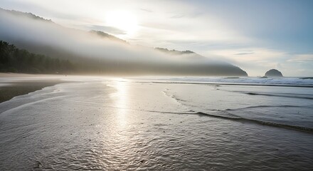 Fog blankets a tranquil beach with gentle waves and a distant rocky island