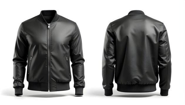Black bomber jacket mockup with front and back views isolated on white background. Blank fashion apparel template for design.