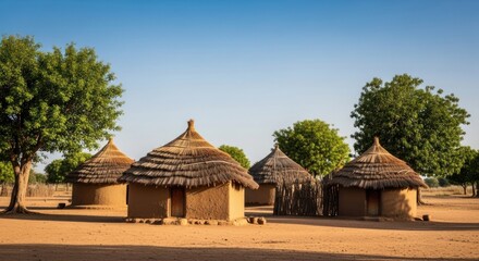 Sun-drenched village huts.  Thatched roofs, mud walls.  Dry, open land.  Clear sky