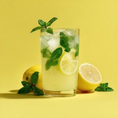 Refreshing lemonade drink with lemon and mint, summer background, food photography, for menu design
