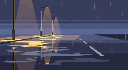 Cityscape At Rainy Night Modern Urban Road With Streetlights Reflection Scene