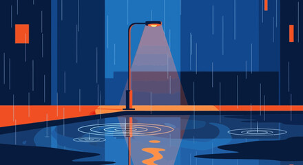 Cityscape Under Rainy Night With Reflections On The Puddle Illustration