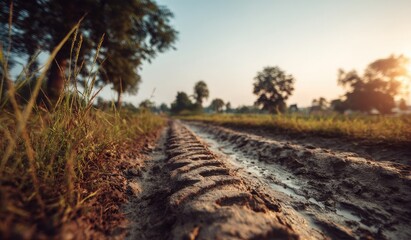 Fototapeta premium Dirt road tire tracks at sunset