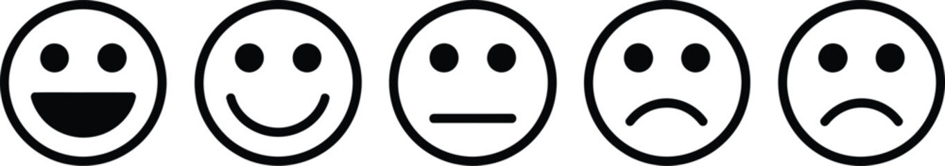 Fototapeta premium Line Art Emoticons Set, Black Happy Sad Expression Mood Icons With Transparent Background