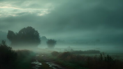 Fototapeta premium Enigmatic Scene of Dense Fog Rolling Over Serene Countryside, Creating a Mystical and Otherworldly Atmosphere with Limited Visibility, Blurring the Lines Between Sky and Land