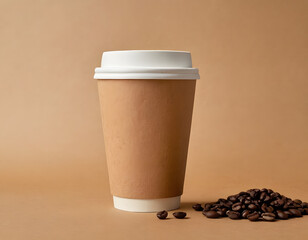 Compostable Coffee Cup with Kraft Sleeve and Coffee Beans, cup of coffee with beans