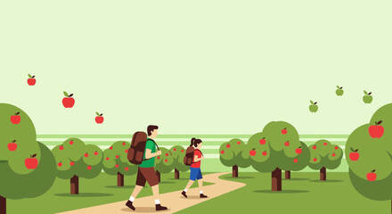 Couple Hiking In The Apple Orchard Enjoying Fresh Air And Beautiful Green Scenery