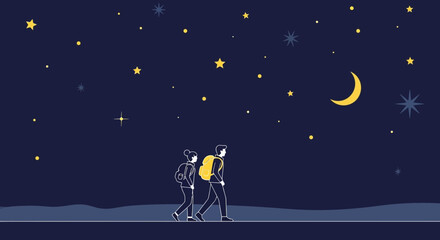 Fototapeta premium Couple Hiking Underneath a Starry Night Sky, Together They Explore the Outdoors