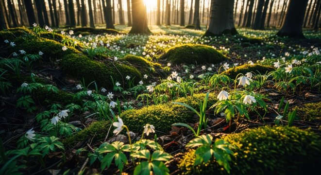 Sunlight streams through a forest floor carpeted with moss and delicate white flowers