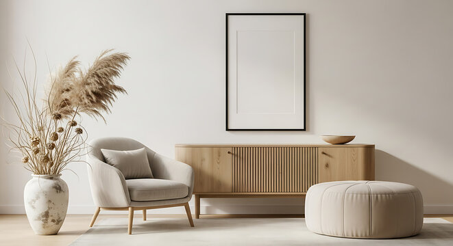Modern living room interior with armchair cabinet and decorative pampas grass
