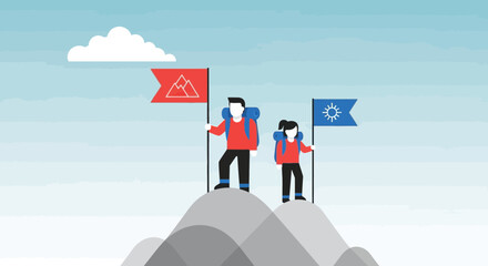 Obraz premium Couple Reach Mountain Peak With Flags Marking Their Success Journey Together