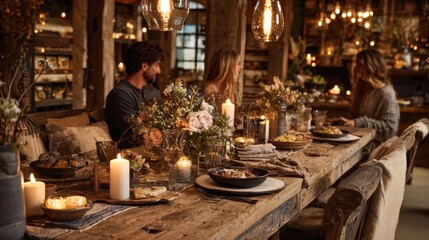 Rustic Dining Area with Candles and Floral Centerpieces for Diverse Models Enjoying Dinner