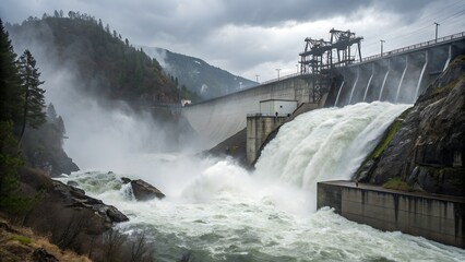 A majestic dam with water rushing through, symbolizing the power of nature and the ingenuity of engineering, set against the backdrop of a stormy sky. 