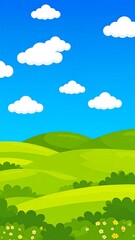 Fototapeta premium Cartoon landscape, bright hills, puffy clouds